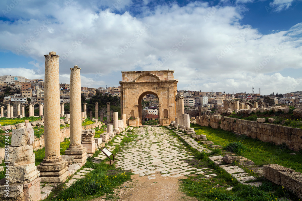 Archways and columns at the ancient greco-roman city of Jerash, Gerasa Governorate, Jordan