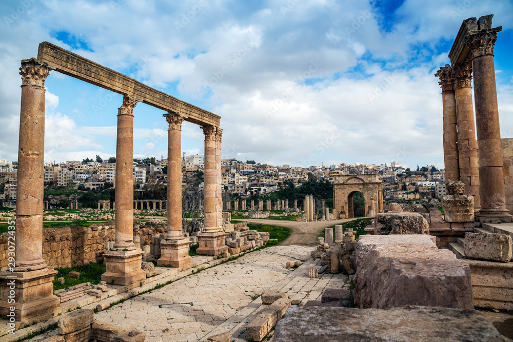 Columns and archways at the ancient greco-roman city of Jerash, Gerasa Governorate, Jordan