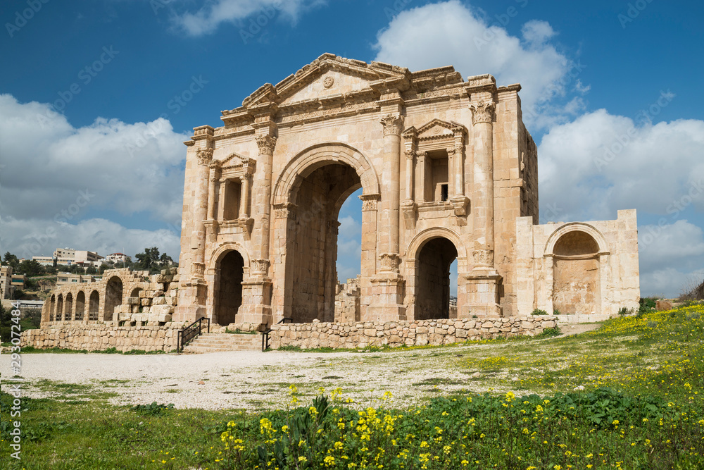 Arch of Hadrian in springtime, Jerash, Gerasa Governorate, Jordan