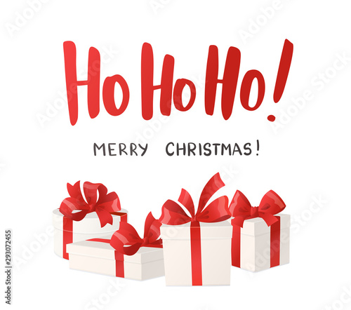 Merry Christmas card. Ho-ho-ho text. Cartoon gift boxes with bows isolated on white background, vector illustration.