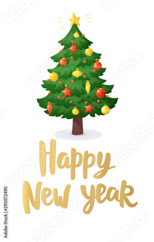 Happy new year card. Cartoon Christmas tree isolated on white background. Decorations with stars  balls and garlands