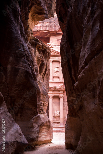 Slight view of Al-Khazneh (The Treasury) entering the gorge, in Petra, Ma'an Governorate, Jordan