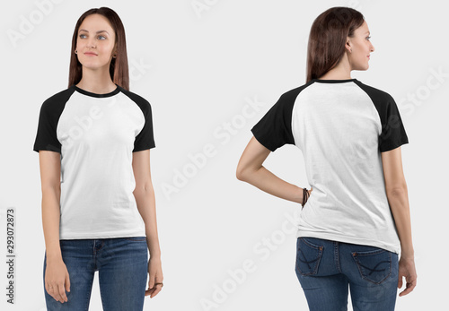 Front back view of female model wearing white and black raglan plain shirt