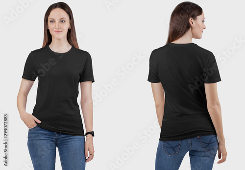 Front back view of female model wearing black crew neck plain t shirt