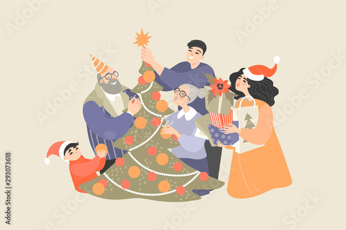 Happy family decorates a Christmas tree and prepares gifts for the holiday.