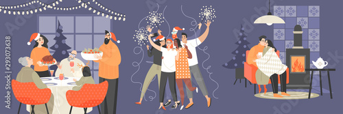 Set of illustrations with family, a group of friends and a couple celebrating Christmas and New Year.