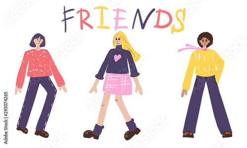 Friends girl.Happy friendship day web banner with diverse friend group . vector