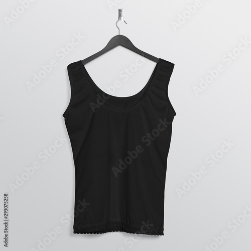 Front back of black plain female tank top shirt hanging on wall