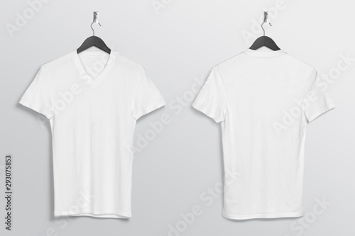 Front back of white plain v neck t shirt hanging on wall