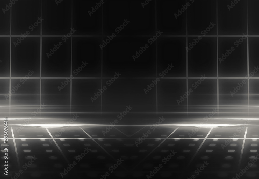 Obraz premium Empty background scene. Dark reflection of the street on wet asphalt. Rays of neon light in the dark, smoke. Background of an empty stage show. Abstract dark background.