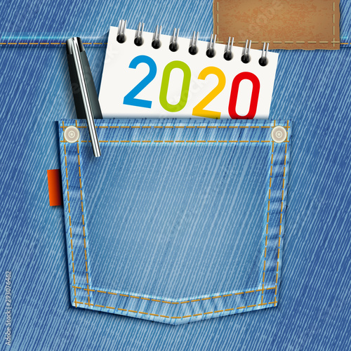 Concept de l’éducation scolaire et du cursus universitaire pour une carte de vœux 2020 avec une poche de blue-jeans et un bloc note comme symbole de la jeunesse