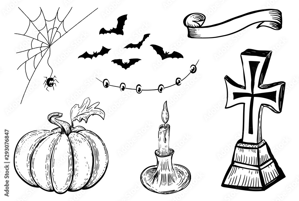 Halloween design template. Hand drawn design element. Vintage black and color vector engraving illustration. Halloween symbols.