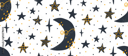 Hand getekende naadloze patroon vectorillustratie van een nachtelijke sterrenhemel. Platte ontwerp in Scandinavische stijl voor kinderen. Het concept voor kindertextiel, verpakking, behang, hoezen.
