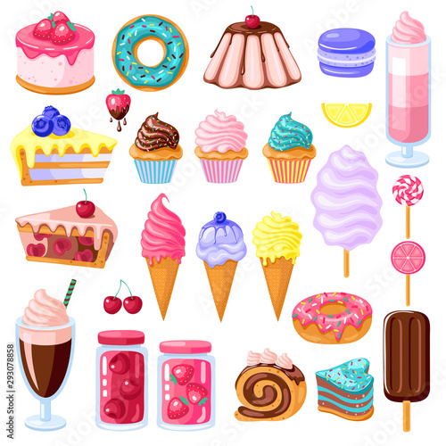set of colorful sweet food. Donut, ice cream, muffins, smoothies, macaroons and candies with pink, chocolate, blue mint, lemon and blueberry topping.Vector illustration