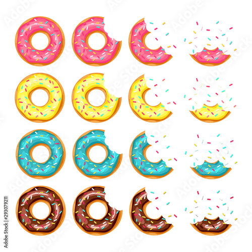 whole donut and half-eaten donut with pink, chocolate, lemon, blue mint glaze. vector illustration 