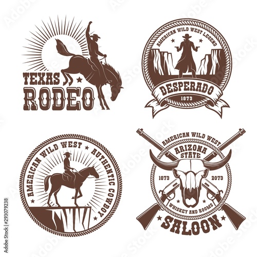 Cowboy wild west rodeo vintage logo. Cowboy horse rider silhouette vintage emblem. Vector illustration.