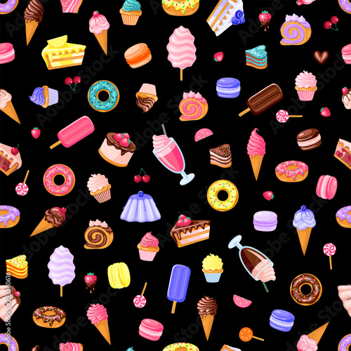 seamless pattern of sweet food. Donut, ice cream, muffins, smoothies, macaroons and candies with with pink, chocolate, blue mint, lemon and blueberry topping.Texture for fabric, wrapping, wallpaper. 