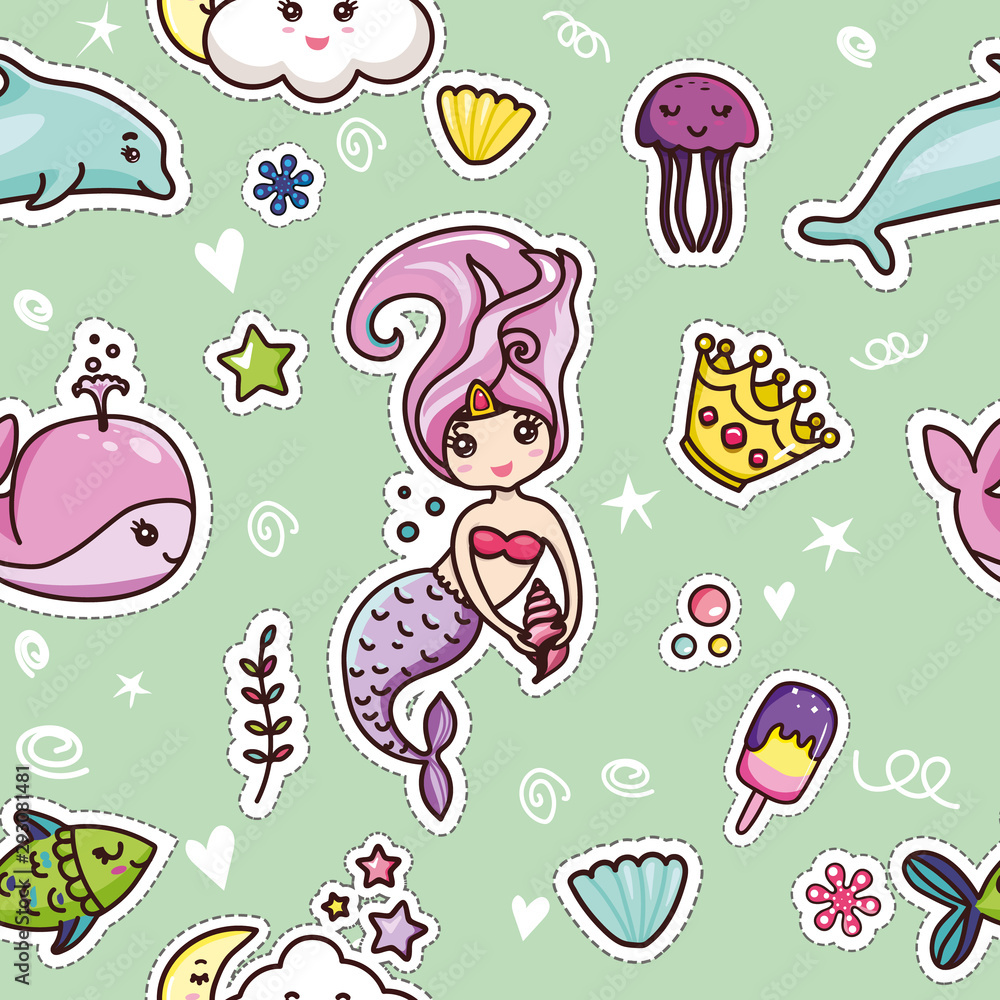 Cute Kid Kawai Seamless Pattern Green Background Cute Kid Kawai Seamless Pattern Green Background