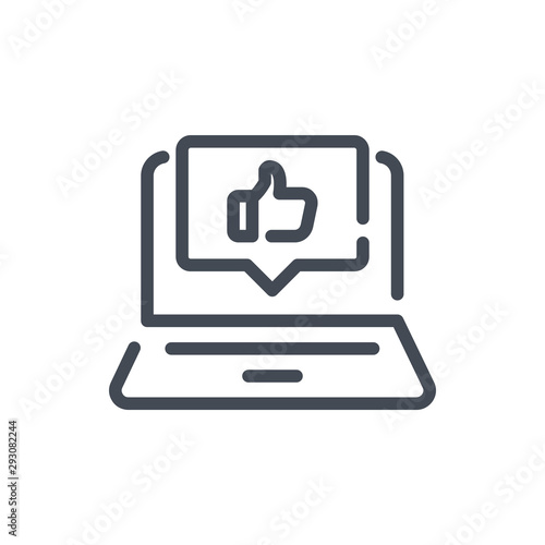 Laptop with like pop up notification line icon. Computer with thumb up in chat box vector outline sign.