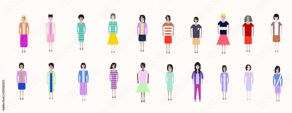 Set of full body diverse business people. Fashion woman, female, girls stay on white background. Vector illustration flat style. Work and Team concept