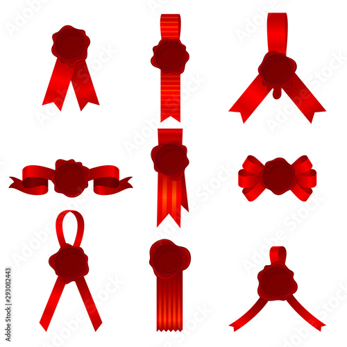 Set Of Nine Vector Illustrations Of Red Bows And Ribbons With Cockades Or Rosettes Inside