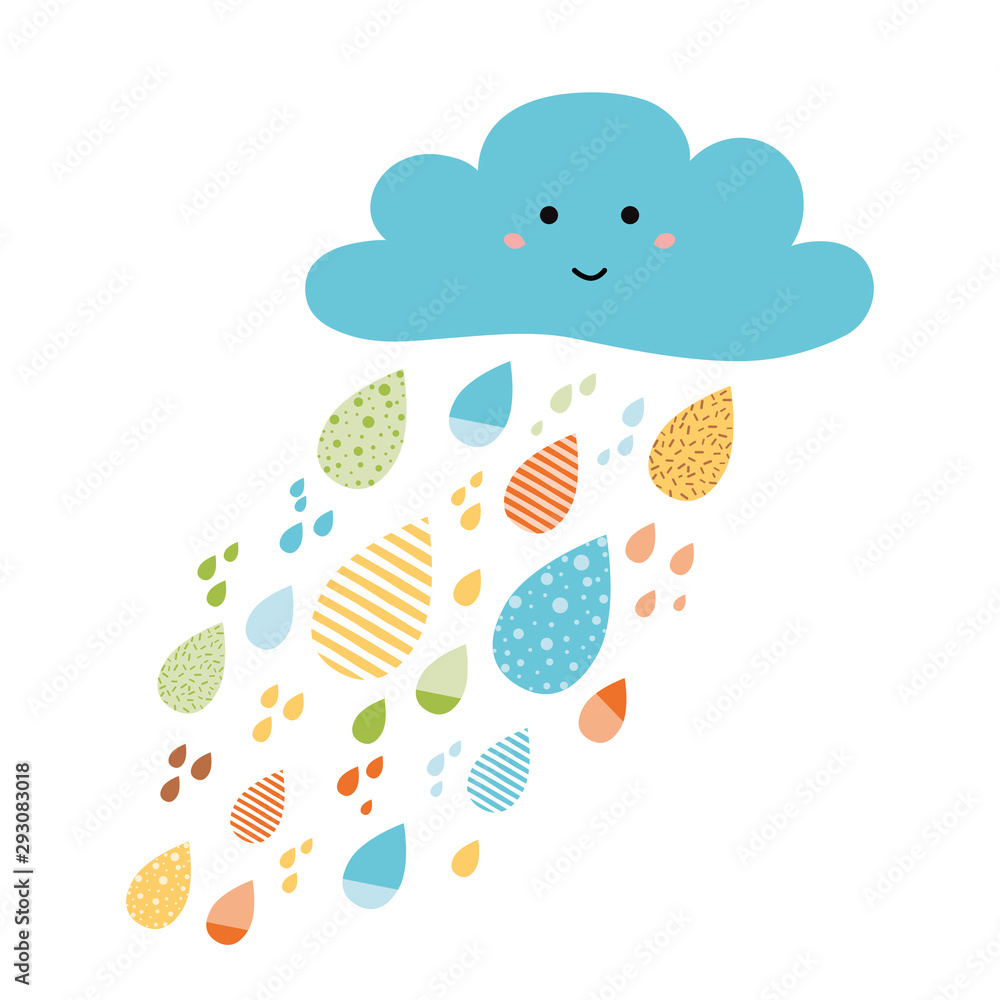 Cute colorful drops of rain clouds. Rainy autumn banner fall background Smile Character Cute colorful drops of rain clouds. Rainy autumn banner fall background Smile Character