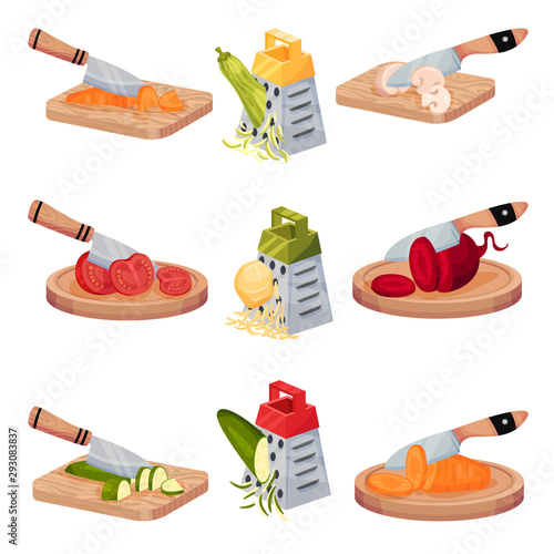 Set Of Images With Vegetables Chopped With A Knife And Grated. Vector Illustrations On A White Background