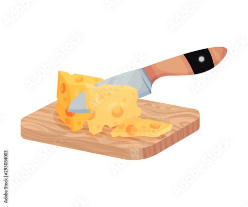 Sliced Piece Of Cheese On A Wooden Square Board Isolated On White Background