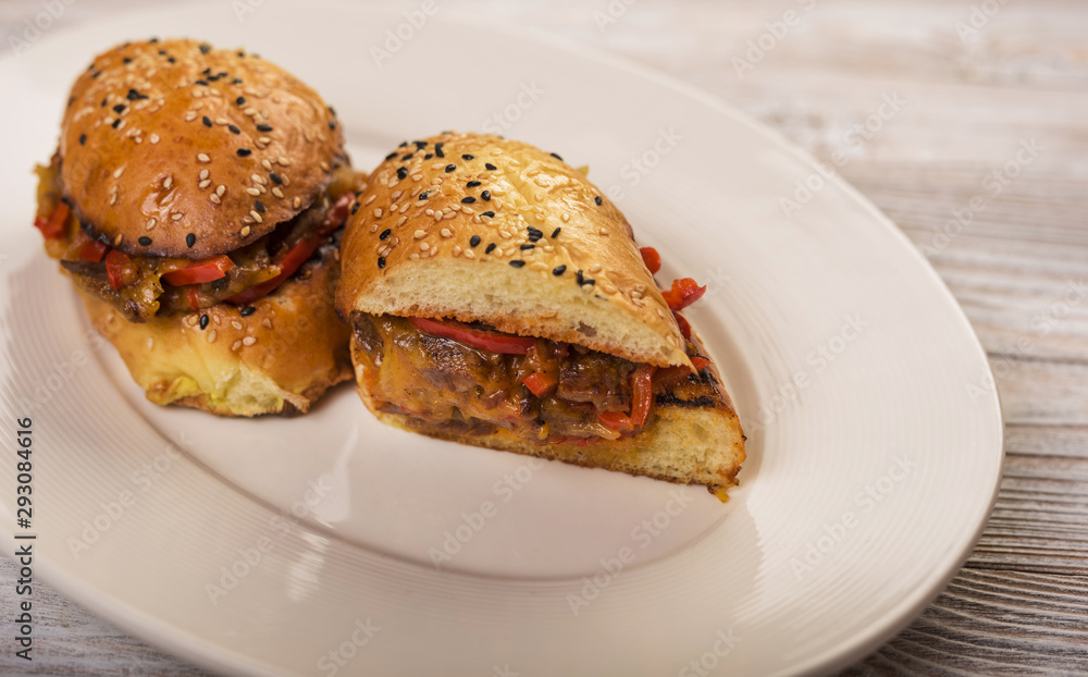 Close-up tasty beef sandwich on a plate Close-up tasty beef sandwich on a plate