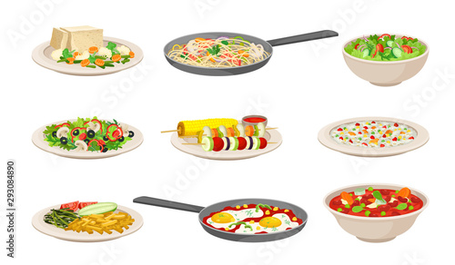 Set Of Vector Illustrations With Different Healthy Vegetarian Dishes
