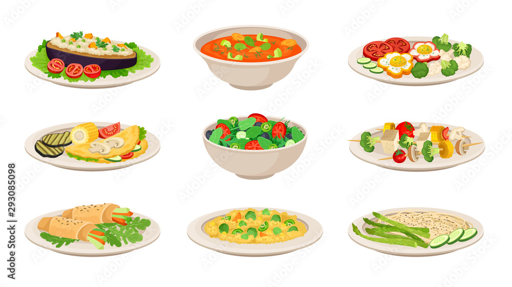 Vector Isometric Illustration Set With Vegetarian Dishes Isolated On White Background - obrazy, fototapety, plakaty 