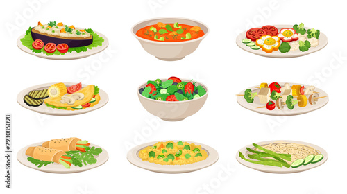 Slika na platnu Vector Isometric Illustration Set With Vegetarian Dishes Isolated On White Backg