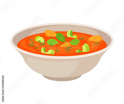 Vector Illustraion Of Vegetable Soup In Porcelain Bowl Isolated On White Background.