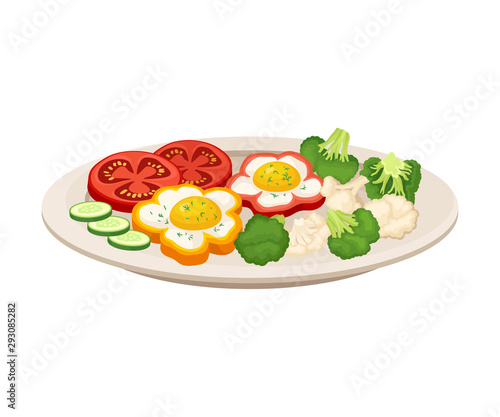 Vector Illustration Of Fried Eggs With Vegetables Isolated On White Background