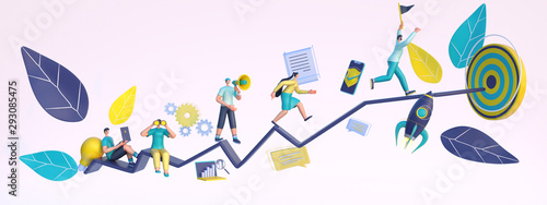 3D render of business man running to achieve target on arrow in against other people with business elements.