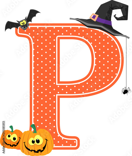 capital letter p with smiling pumpkins and halloween design elements isolated on white background. can be used for halloween season card, nursery decoration  or halloween paty invitation