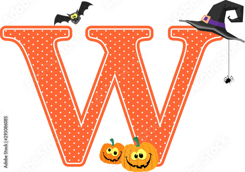 capital letter w with smiling pumpkins and halloween design elements isolated on white background. can be used for halloween season card, nursery decoration  or halloween paty invitation