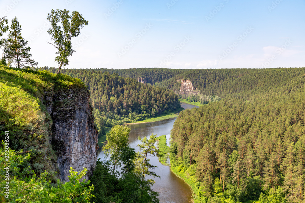 Big cliffs (rocks) on the Ay river. Chelyabinsk region, South Ural, Russia