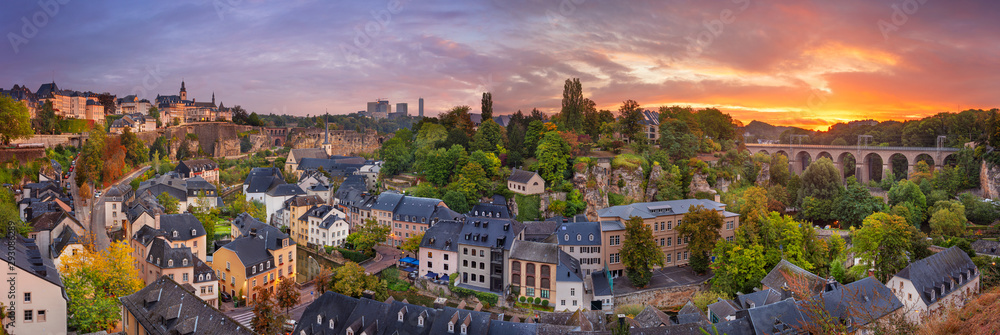 Luxembourg City, Luxembourg. Panoramic cityscape image of old town Luxembourg City skyline during beautiful sunrise.