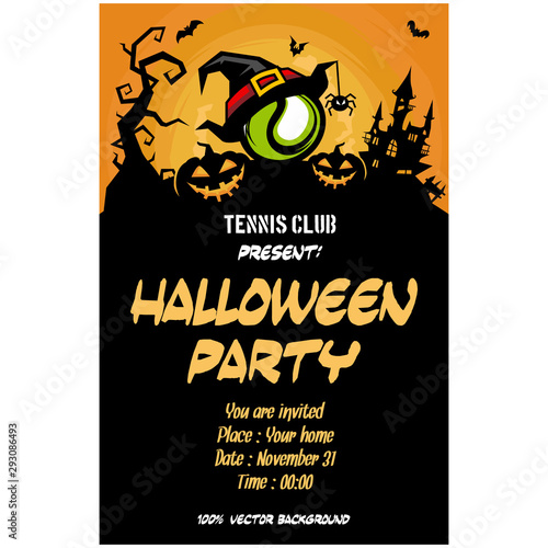 Halloween pattern. Tennis ball with witch hat, pumpkins, flying bats, tree and castle on the background of the moon. Pattern for banner, poster, greeting card, party invitation. Vector illustration