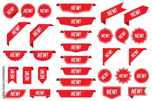 Set of new labels in red isolated on white background. Vector illustration