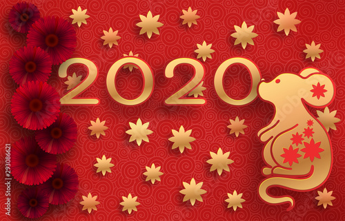 Fototapeta Naklejka Na Ścianę i Meble -  Golden mouse on a textured red background. Template on the theme of the Chinese horoscope. Eastern calendar. Year of the mouse. Free space. Greeting card.