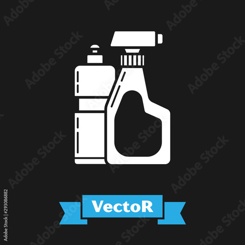 White Plastic bottles for liquid laundry detergent, bleach, dishwashing liquid or another cleaning agent icon isolated on black background. Vector Illustration
