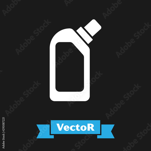 White Plastic bottle for liquid laundry detergent, bleach, dishwashing liquid or another cleaning agent icon isolated on black background. Vector Illustration