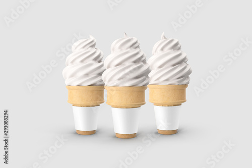 3d illustrator ice cream cone mockup set. Empty gelato packing mockup, side view. Clear conic with tasty icecream template.