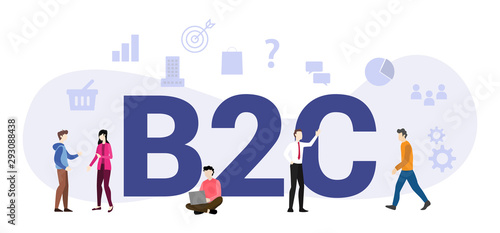 b2c business to consumer concept with big word or text and team people with modern flat style - vector