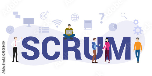 scrum workflow methodology concept with big word or text and team people with modern flat style - vector
