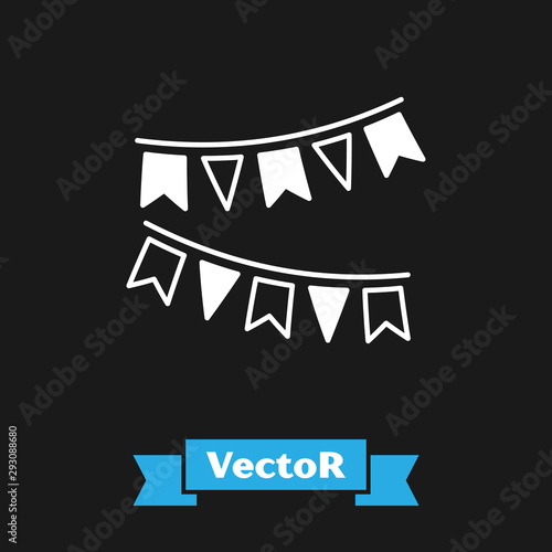 White Carnival garland with flags icon isolated on black background. Party pennants for birthday celebration, festival and fair decoration. Vector Illustration