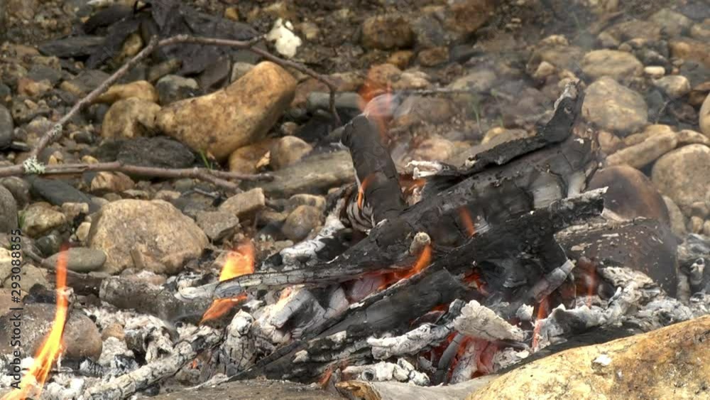 Almost burned out campfire on a river bank. Almost burned out campfire on a river bank.
