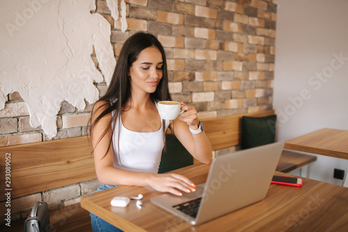 Attractive smart girl working on laptop in cafe. Beautiful girl using computer for work. Girl grinking cappuccino in cafe. Olnile work, freelancer photo